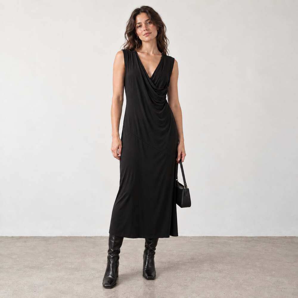 Calvin Klein Black Sleeveless Jersey Midi Dress V Neck Wrap Cocktail Workwear